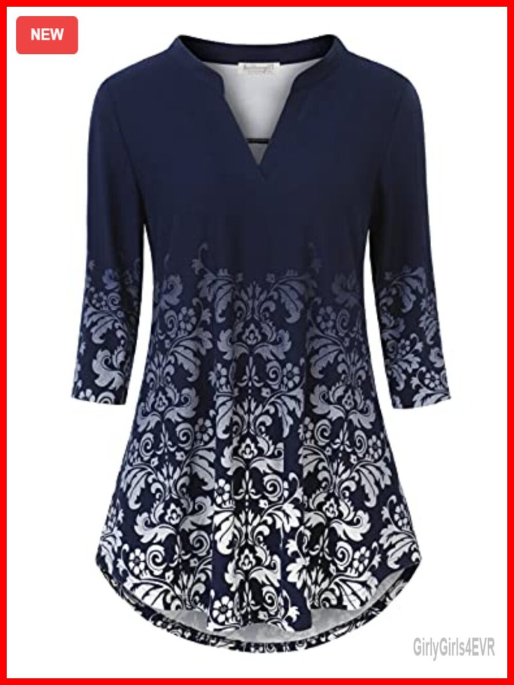 Womens 3/4 Sleeve Notch V Neck Floral Tunic Blouse Loose Fit Work Top